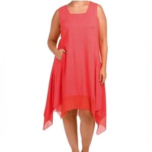 Cynthia Rowley Midi Linen Blend Asymetric Dress, Sz 1X, Pockets Coral Pink